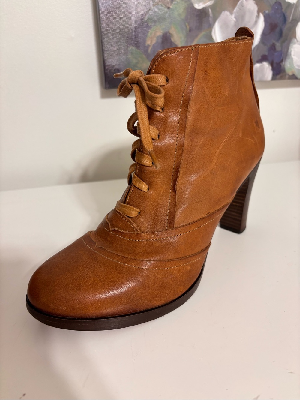 Frye womens 9.5 M Bella Hi Lace Up 77112 Brown Ankle Boots Bootie 4” Heel Italy - Picture 2 of 10